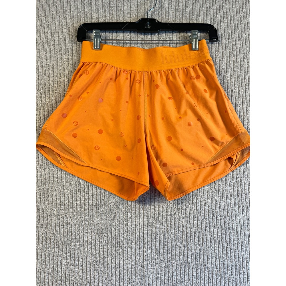 Lululemon Find Your‎ Pace Shorts 3" Sz 4 Orange Embossed Polka Dot Logo Running